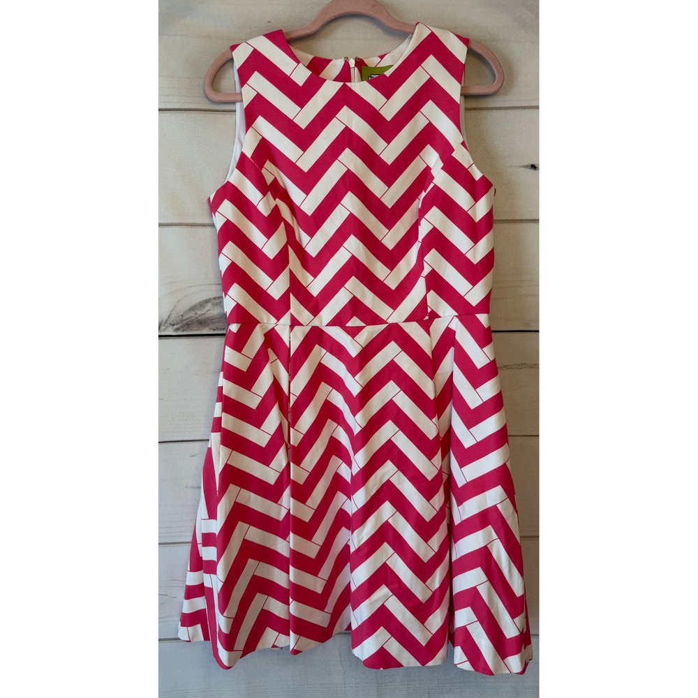 Elizabeth McKay Pink White Chevron Fit and Flare Dress Size 10 Sleeveless Preppy